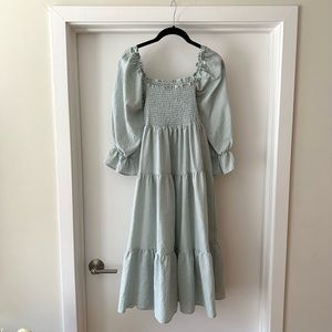 sage gingham smock midi dress